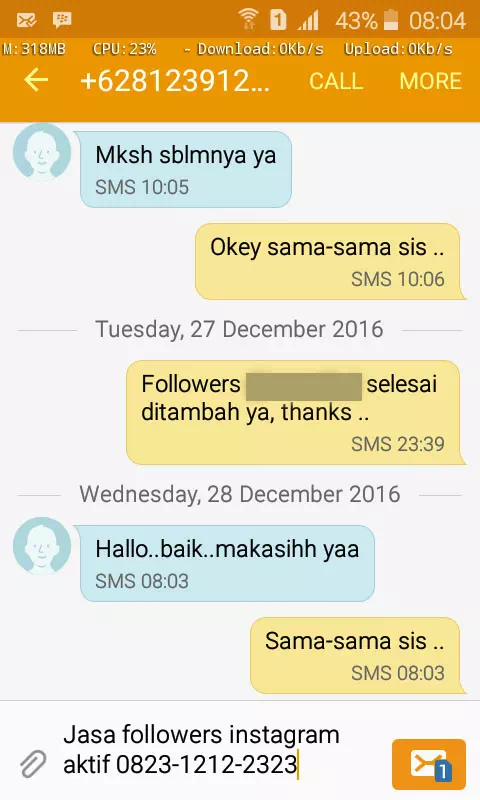 Testimoni kepuasan pelanggan InstaIndo untuk jasa followers