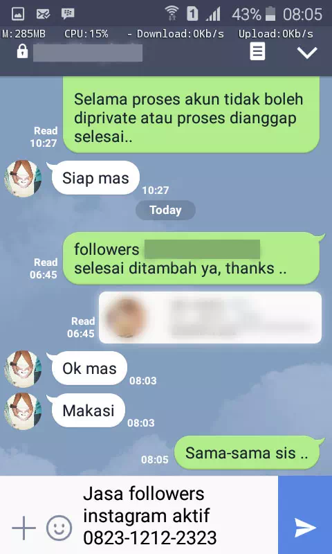 Screenshot bukti chat WhatsApp dari pelanggan setia InstaIndo