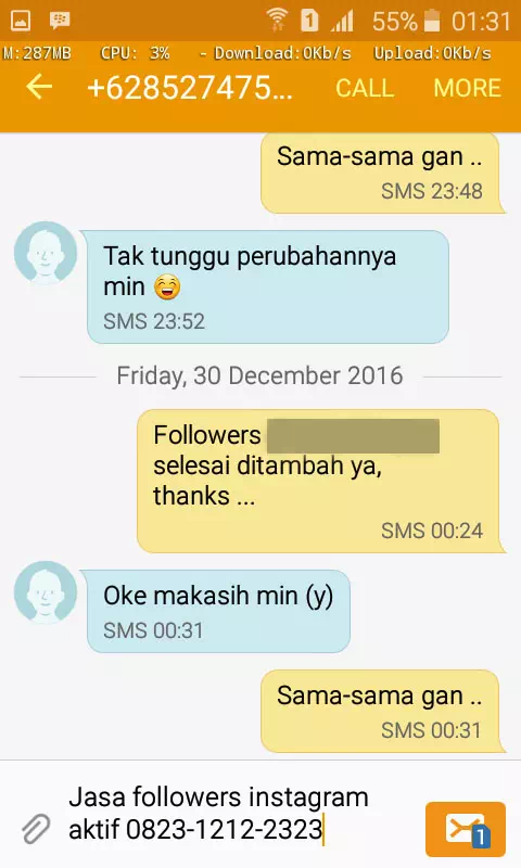 Screenshot bukti chat WhatsApp dari pelanggan setia InstaIndo