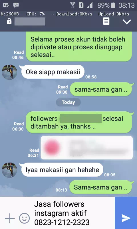 Screenshot bukti chat WhatsApp dari pelanggan setia InstaIndo