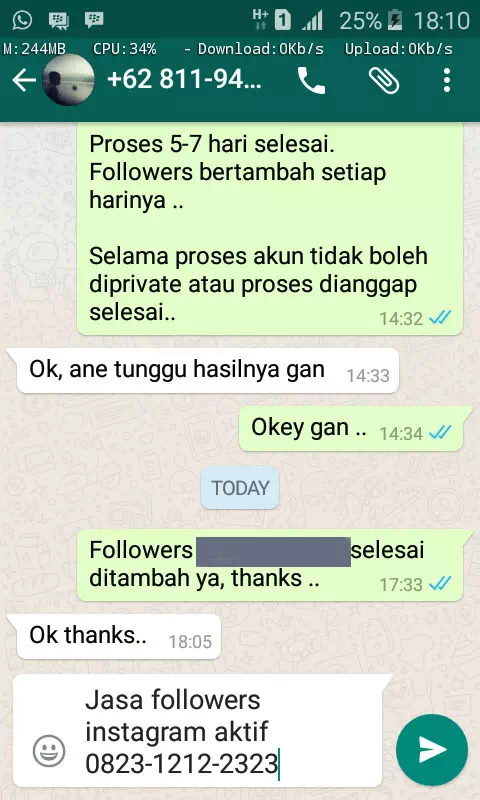 Screenshot bukti chat WhatsApp dari pelanggan setia InstaIndo