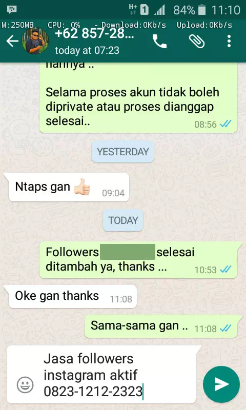 Screenshot bukti chat WhatsApp dari pelanggan setia InstaIndo