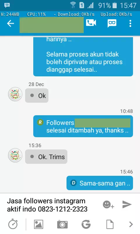 Testimoni kepuasan pelanggan InstaIndo untuk jasa followers
