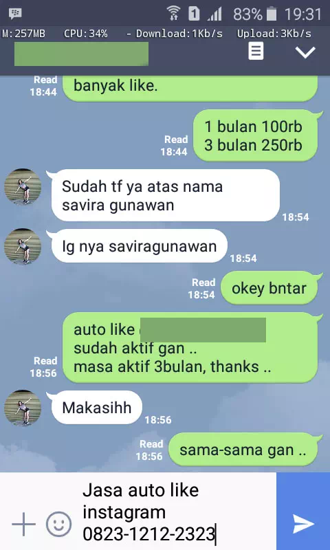 Screenshot bukti chat WhatsApp dari pelanggan setia InstaIndo