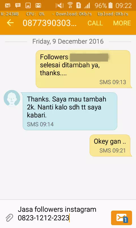 Screenshot bukti chat WhatsApp dari pelanggan setia InstaIndo