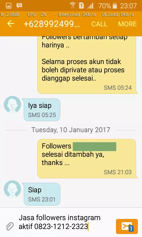 Testimoni kepuasan pelanggan InstaIndo untuk jasa followers