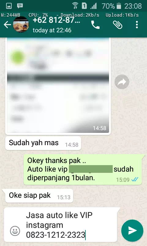 Screenshot bukti chat WhatsApp dari pelanggan setia InstaIndo