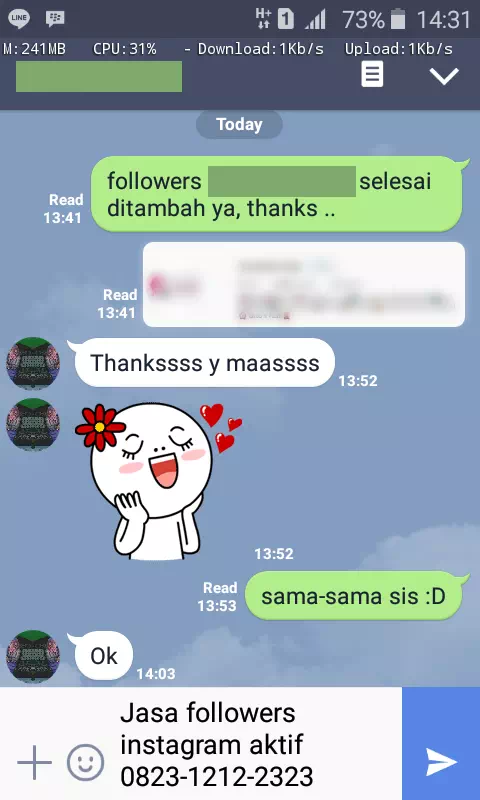 Screenshot bukti chat WhatsApp dari pelanggan setia InstaIndo