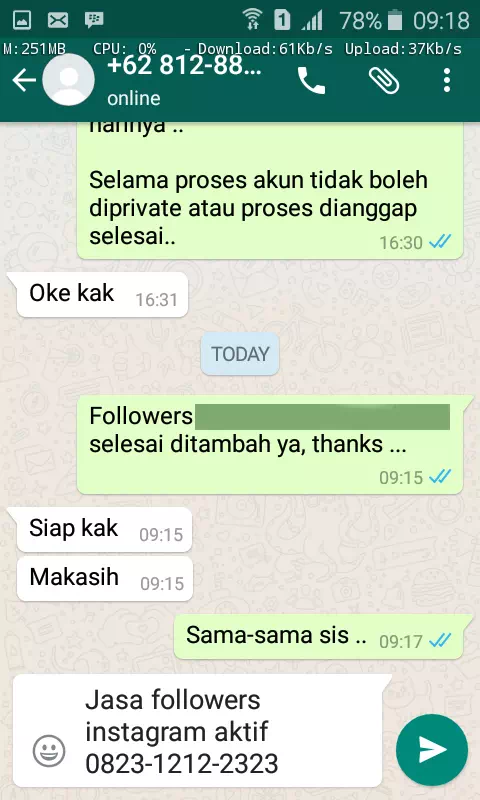 Testimoni kepuasan pelanggan InstaIndo untuk jasa followers