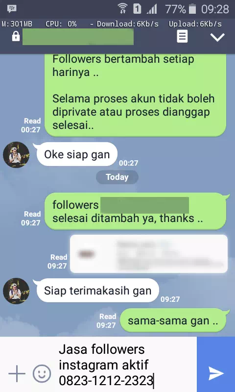 Screenshot bukti chat WhatsApp dari pelanggan setia InstaIndo