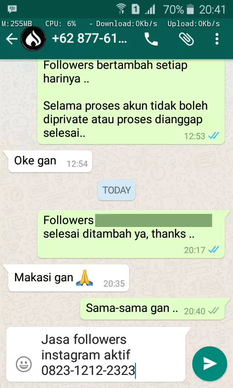 Screenshot bukti chat WhatsApp dari pelanggan setia InstaIndo