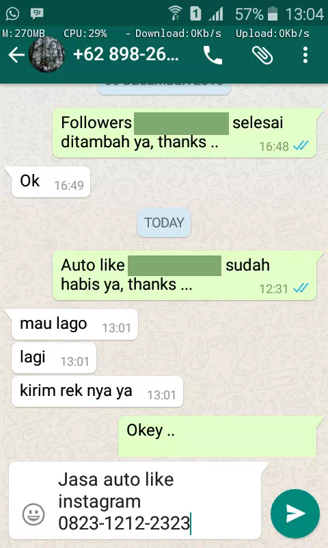 Screenshot bukti chat WhatsApp dari pelanggan setia InstaIndo