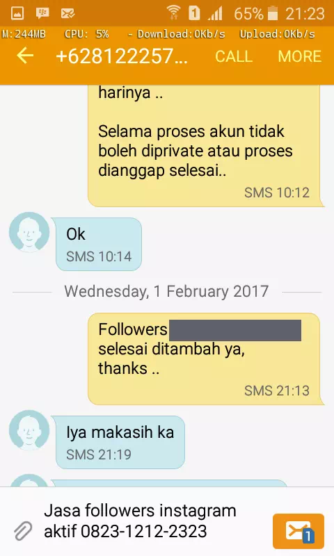 Testimoni kepuasan pelanggan InstaIndo untuk jasa followers