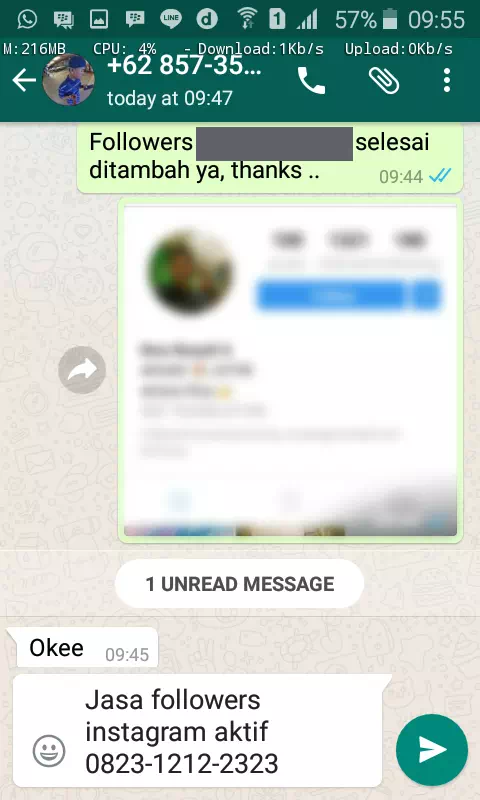 Screenshot bukti chat WhatsApp dari pelanggan setia InstaIndo
