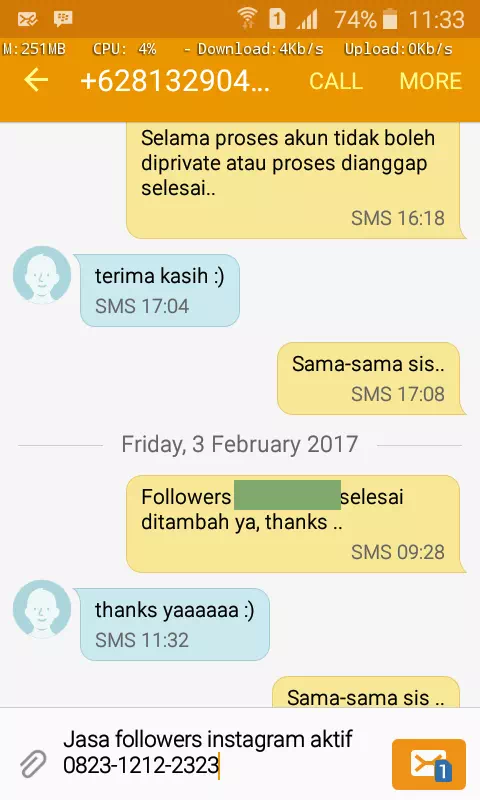 Testimoni kepuasan pelanggan InstaIndo untuk jasa followers