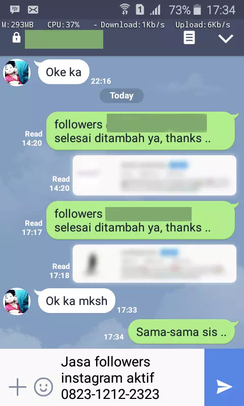 Screenshot bukti chat WhatsApp dari pelanggan setia InstaIndo