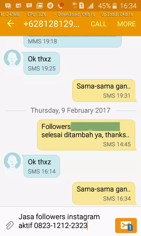 Screenshot bukti chat WhatsApp dari pelanggan setia InstaIndo