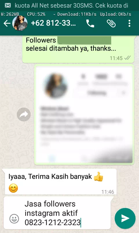Testimoni kepuasan pelanggan InstaIndo untuk jasa followers