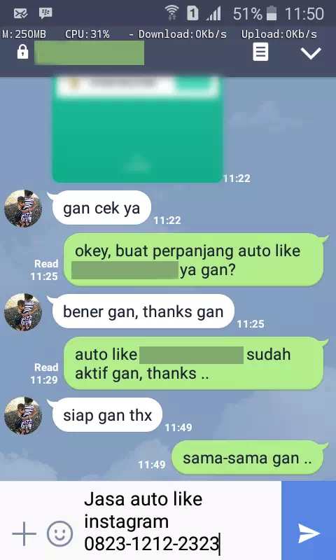 Screenshot bukti chat WhatsApp dari pelanggan setia InstaIndo